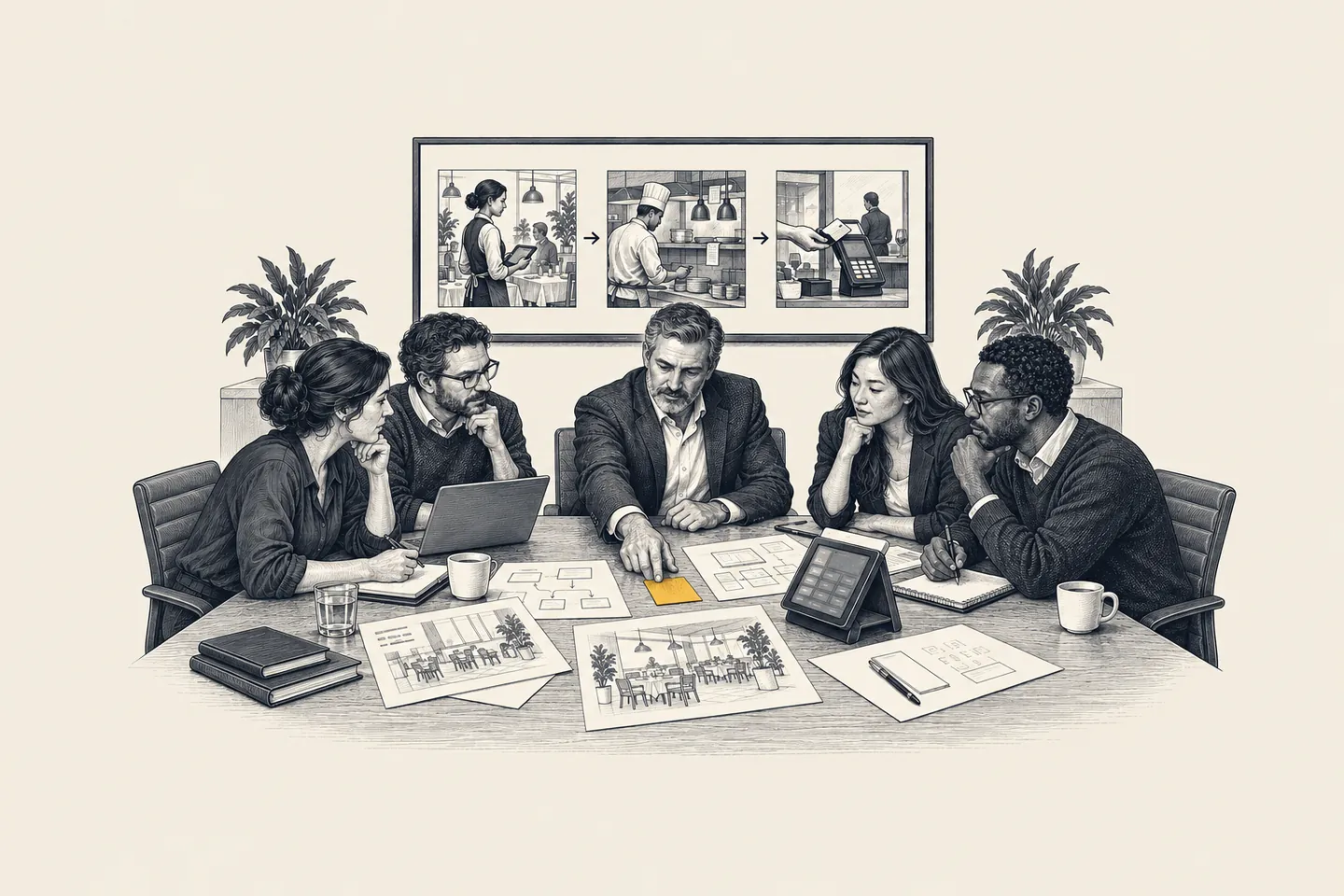 An engraved product meeting: a chief executive and product team study a hotel point-of-sale workflow on a large screen. One customer decision card on the table is picked out in gold.