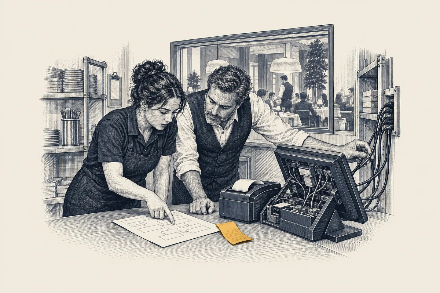 An engraved support room beside a hotel restaurant: a support lead reviews a point-of-sale issue with a site manager. The printed issue note between them is picked out in gold.