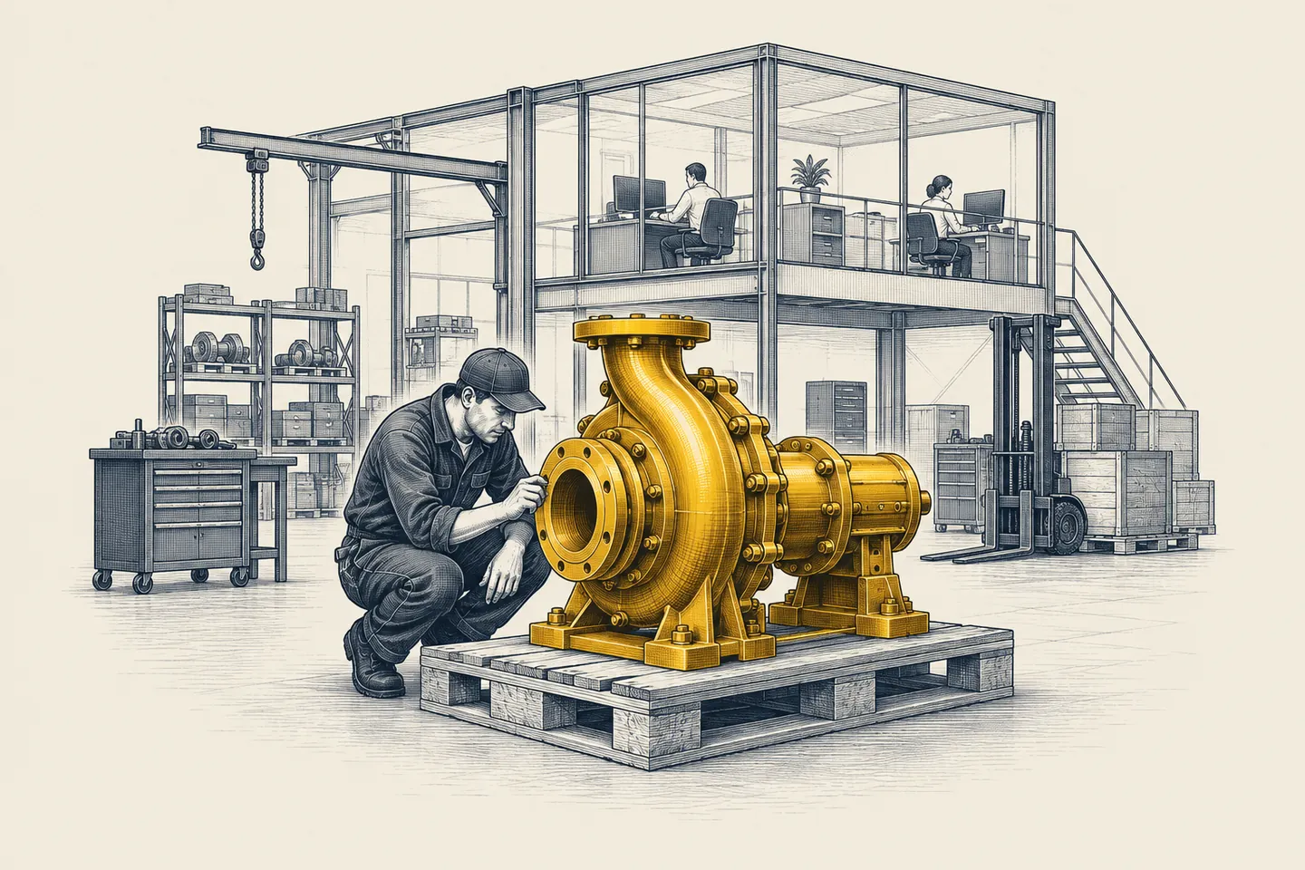 An engraved factory floor: a finished industrial pump on a pallet, picked out in gold, with a back office visible above.