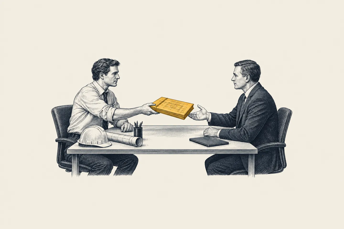 An engraved meeting room: an engineer hands a bound set of drawings across a table to a client. The drawings are picked out in gold.