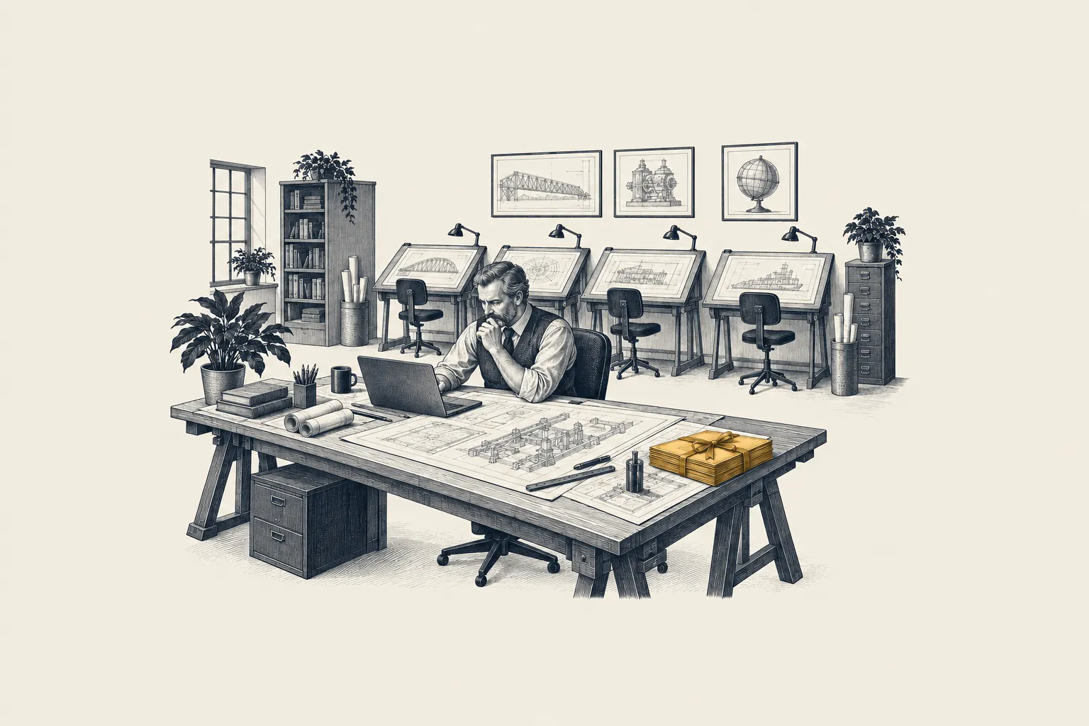 An engraved drawing office: one engineer works alone at a drafting desk while four empty desks stand behind him. A finished, bound set of drawings on his desk is picked out in gold.