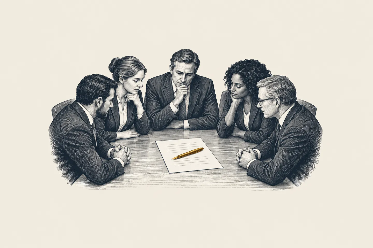 An engraved leadership team of five sits around a table, all looking at one sheet of paper. A fountain pen on the sheet is picked out in gold.