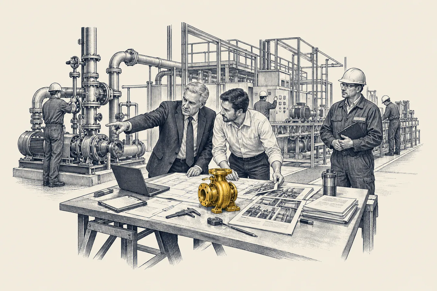 An engraved factory meeting: a senior seller and a newer colleague prepare a bid beside a customer's production line. The product sample being discussed is picked out in gold.