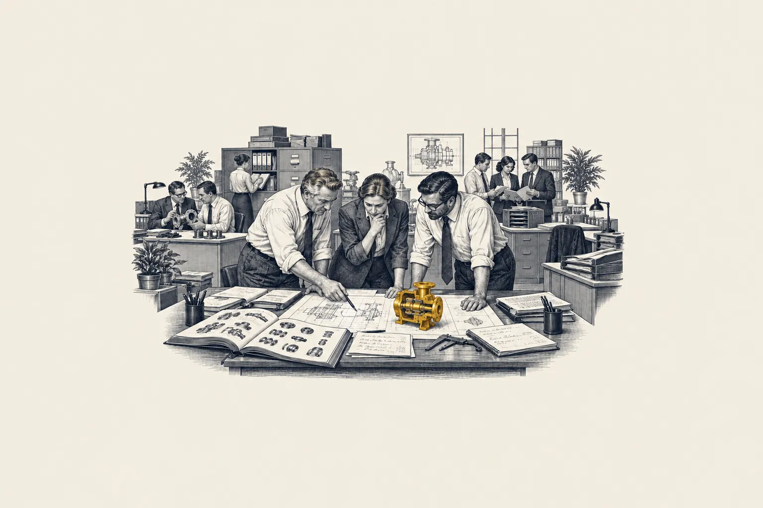 An engraved industrial sales office: three senior sellers review a technical bid while six colleagues work at nearby desks. A small product sample on the bid is picked out in gold.
