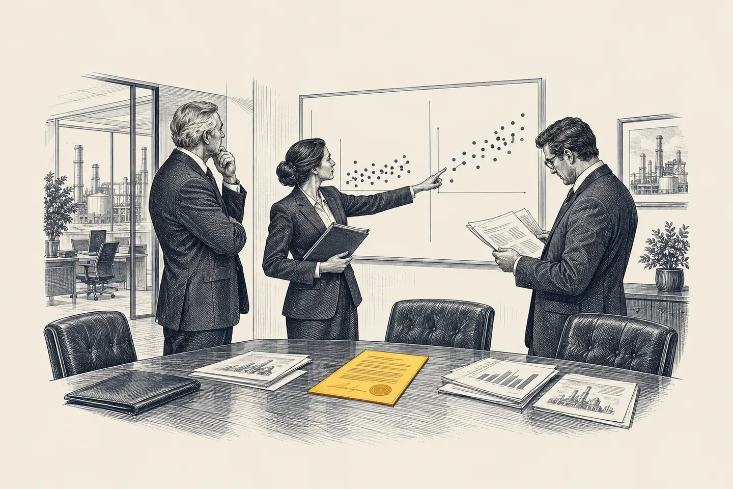 An engraved sales review: the CEO, sales head and finance lead study two groups of bid results on a wall chart. One signed order on the table is picked out in gold.