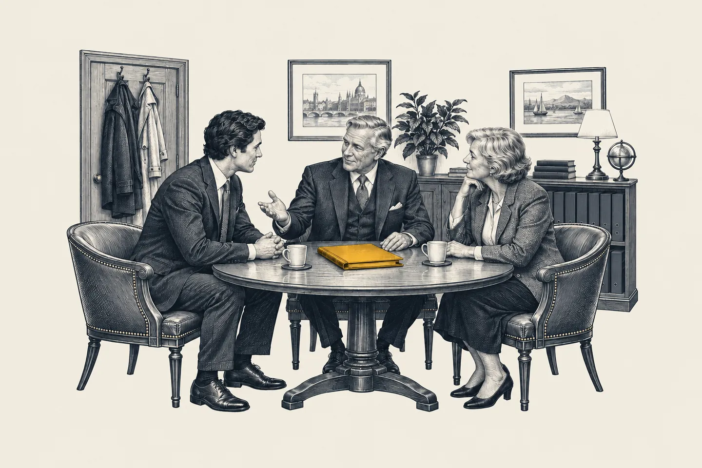 An engraved advisory office: a senior advisor introduces a younger advisor to a client across a round table. The bound client file between them is picked out in gold.