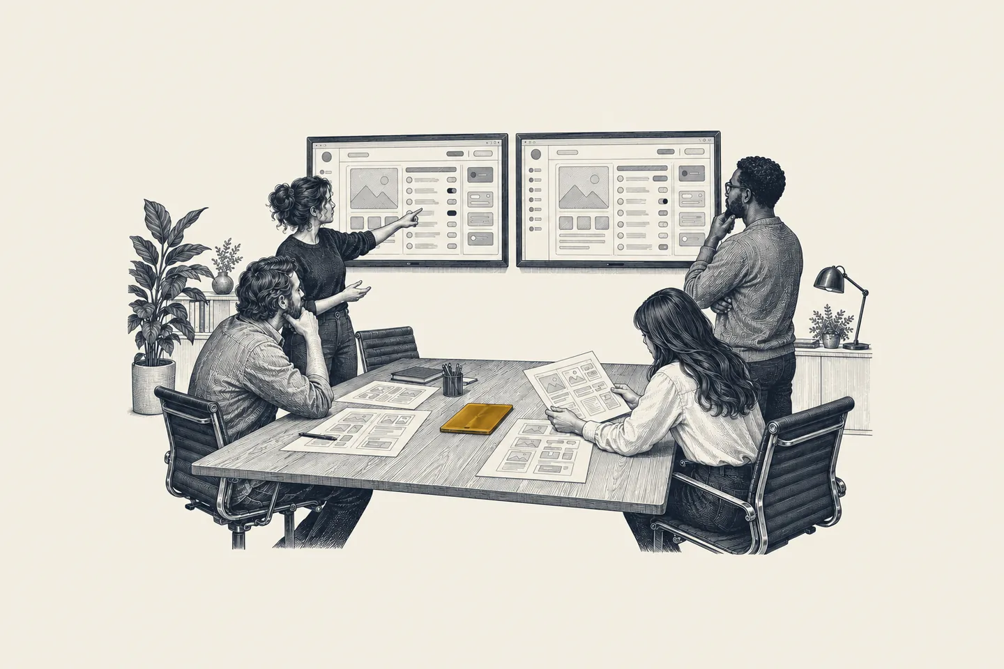 An engraved product review room: a team compares two large software screens that show near-matching feature lists. One tablet on the meeting table is picked out in gold.