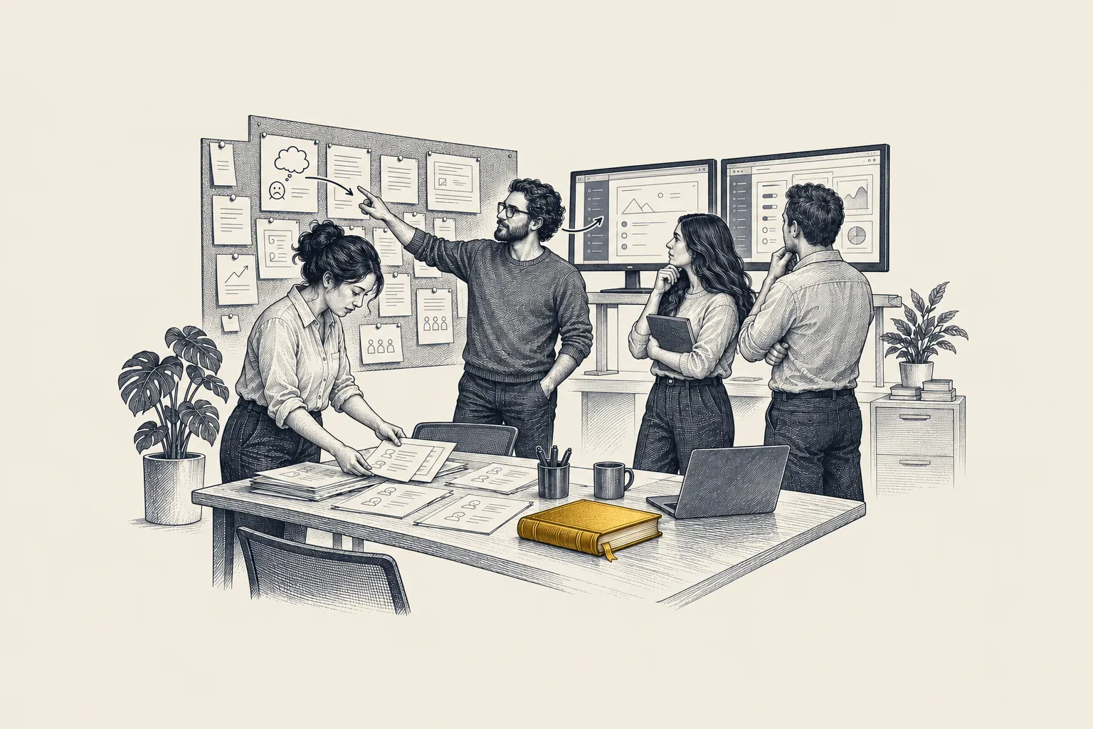 An engraved software office: a product team reviews a wall of customer notes beside a row of product screens. One bound book of customer records on the table is picked out in gold.