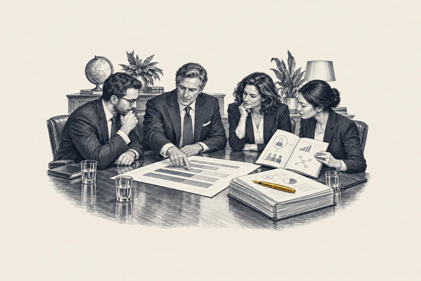 An engraved boardroom: the CEO and product leaders review a budget sheet beside a stack of customer case notes. One fountain pen resting on the customer notes is picked out in gold.