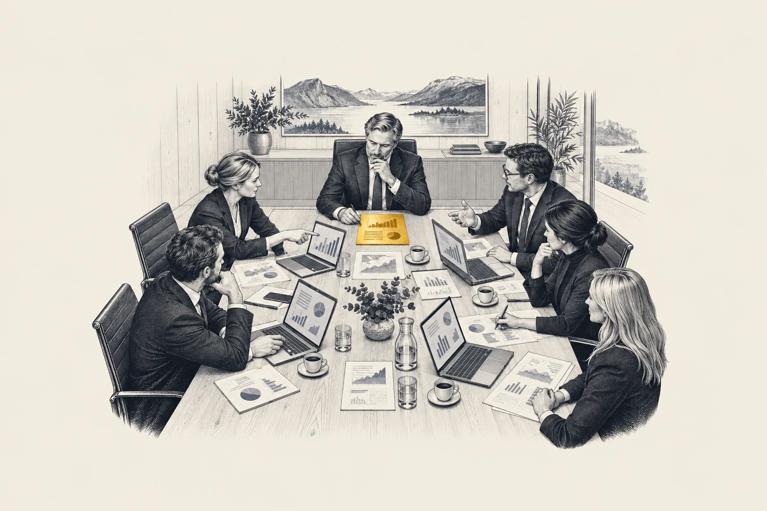An engraved Nordic boardroom: the leadership team sits around a long table with laptops open to the same decision brief. One printed brief at the head of the table is picked out in gold.