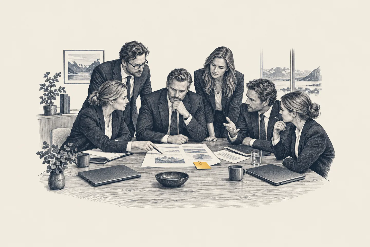 An engraved management meeting in a Nordic office: leaders discuss one decision brief with their laptops closed. A marked source note on the brief is picked out in gold.