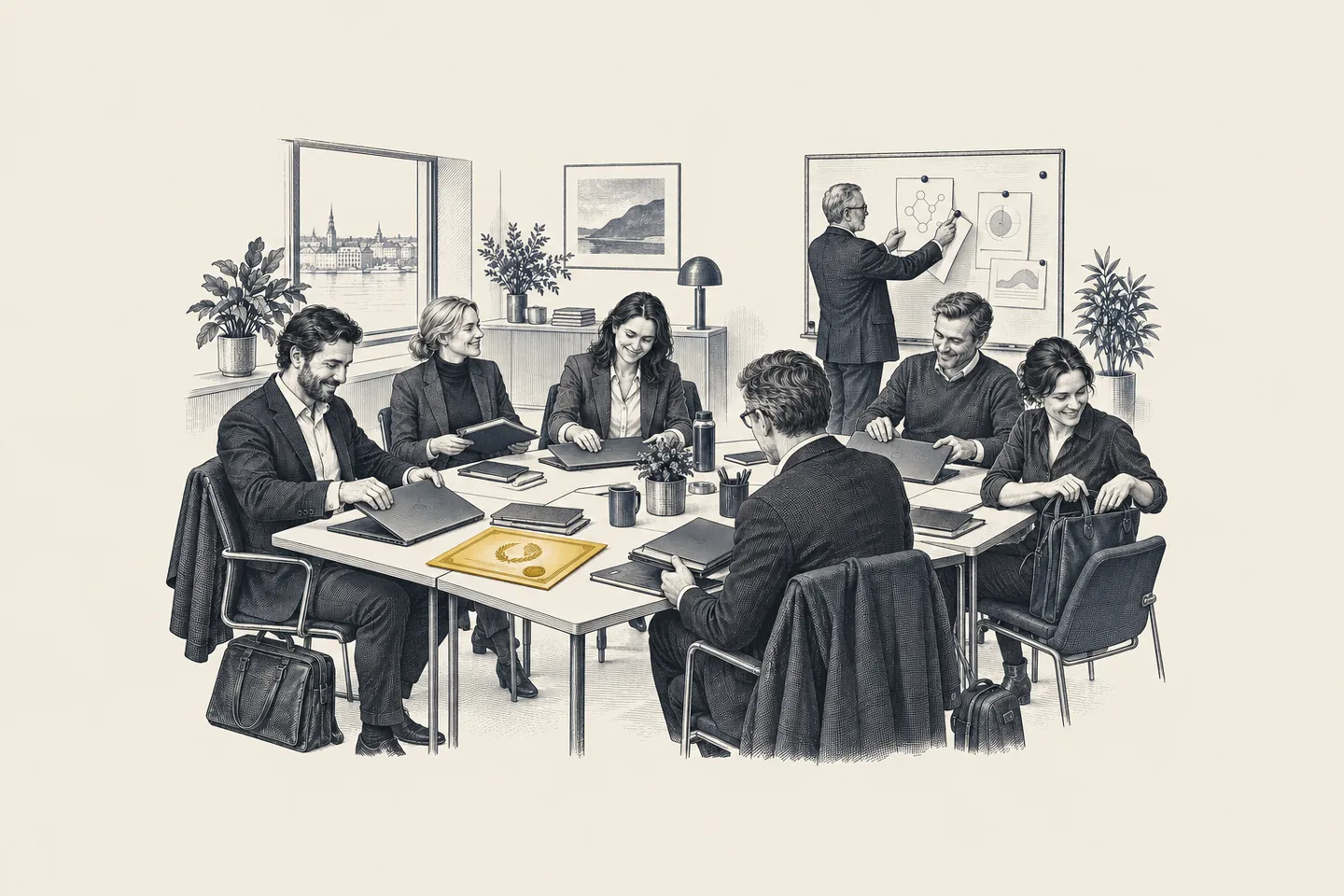 An engraved training room in a Nordic office: leaders close their laptops after an AI course. One printed course certificate on the table is picked out in gold.