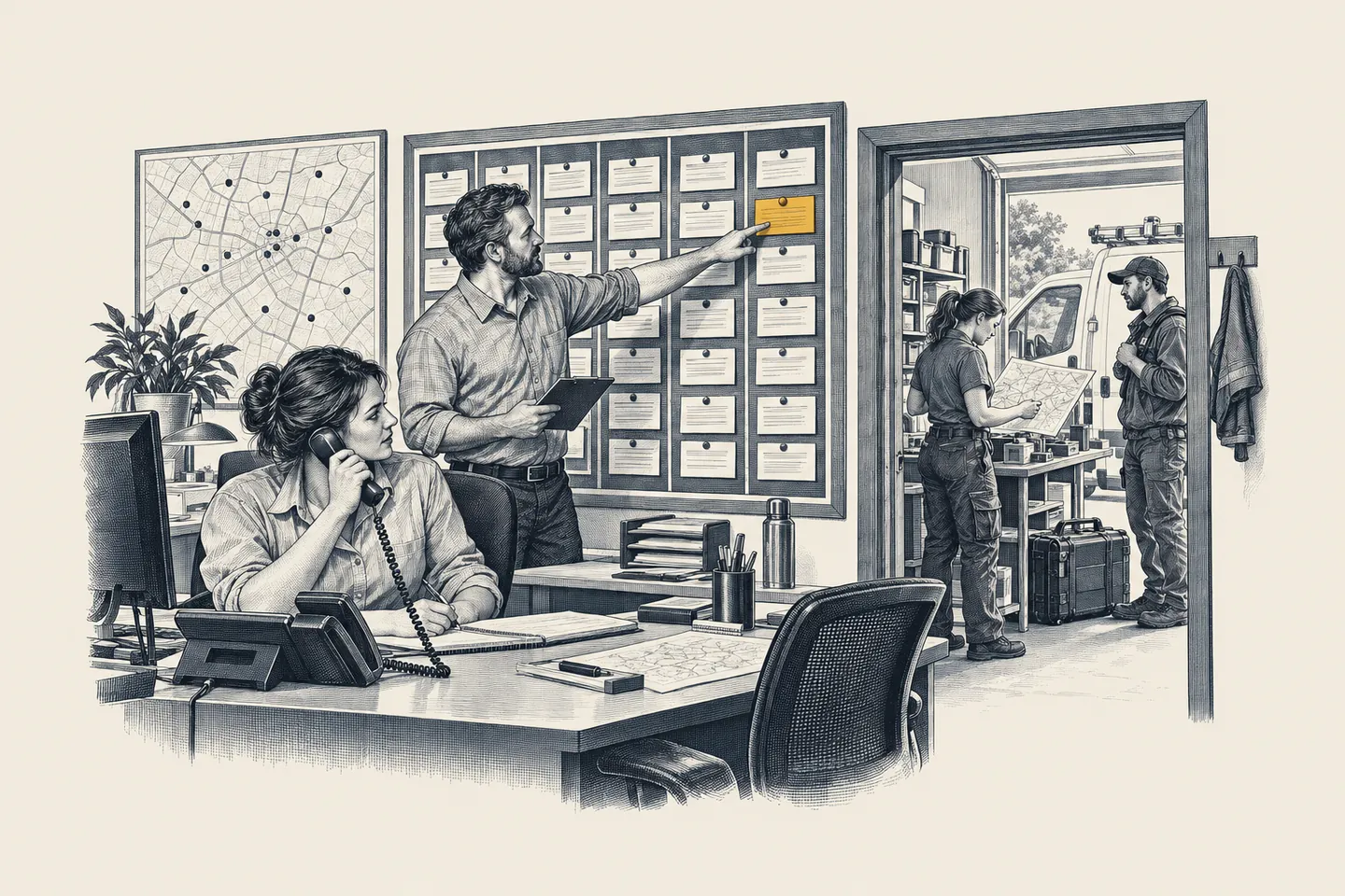 An engraved field-service dispatch room: a team lead points to an updated job board while a dispatcher speaks with a technician by phone. One reassigned work-order card is picked out in gold.