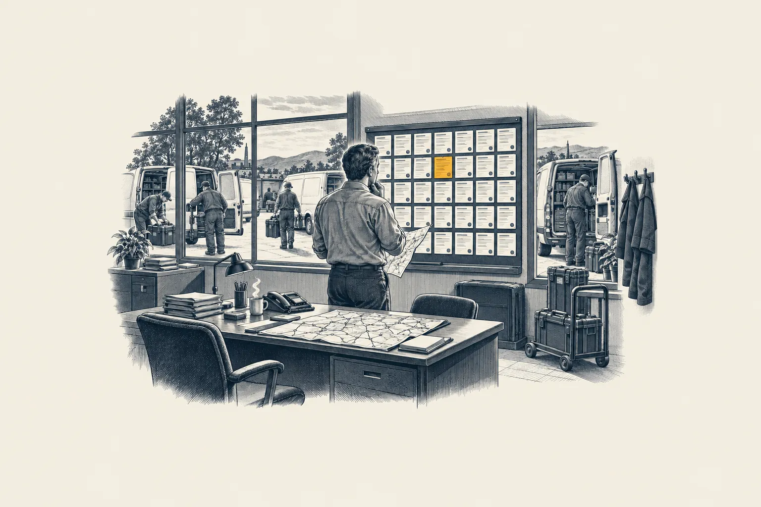 An engraved field-service dispatch room at dawn: a dispatcher studies a wall board of open jobs while technicians prepare vans outside. One work-order card on the board is picked out in gold.