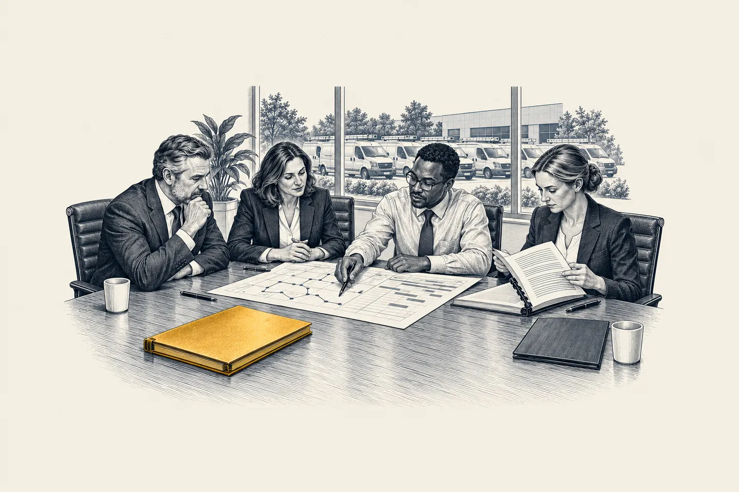 An engraved boardroom: a CEO and operations lead review two AI proposals beside a field-service schedule. One proposal marked for revision is picked out in gold.