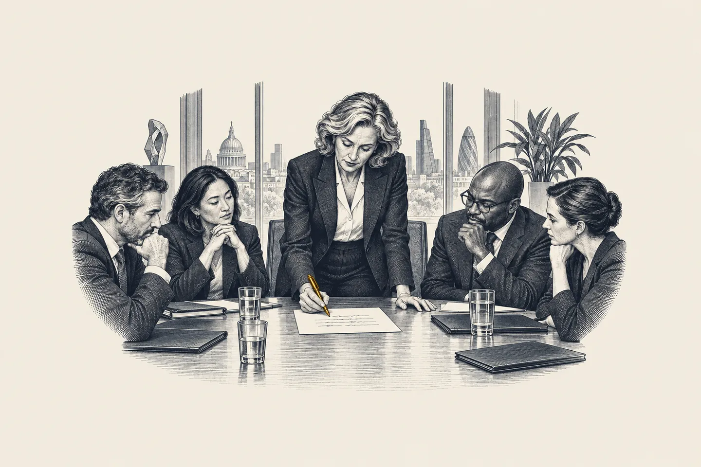 An engraved boardroom: the recruitment firm's CEO writes one business decision at the top of a one-page partner brief while four leaders watch. The fountain pen is picked out in gold.