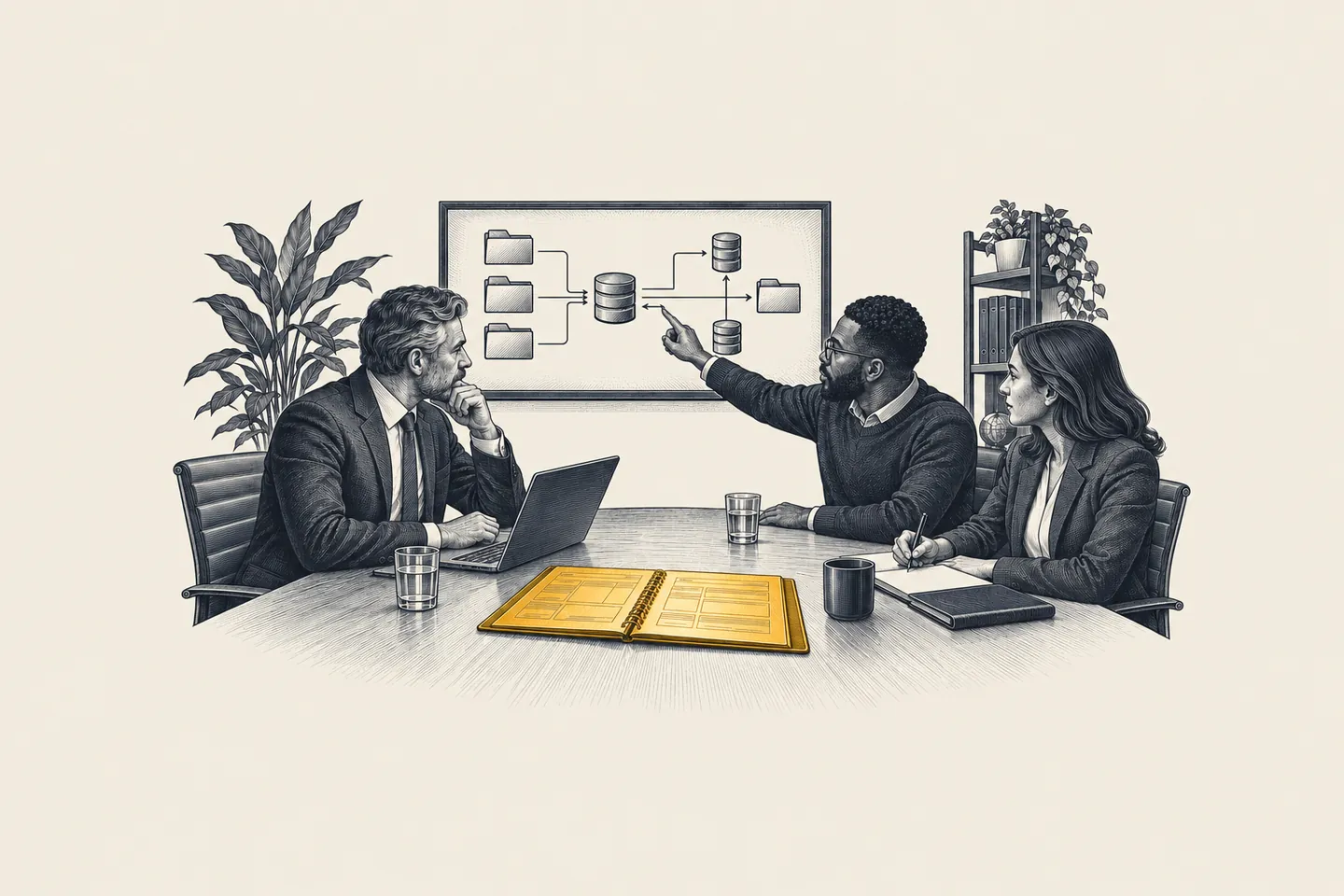 An engraved meeting room: the recruitment CEO, a security lead and an AI partner review a data access plan on a large screen. A signed data schedule on the table is picked out in gold.