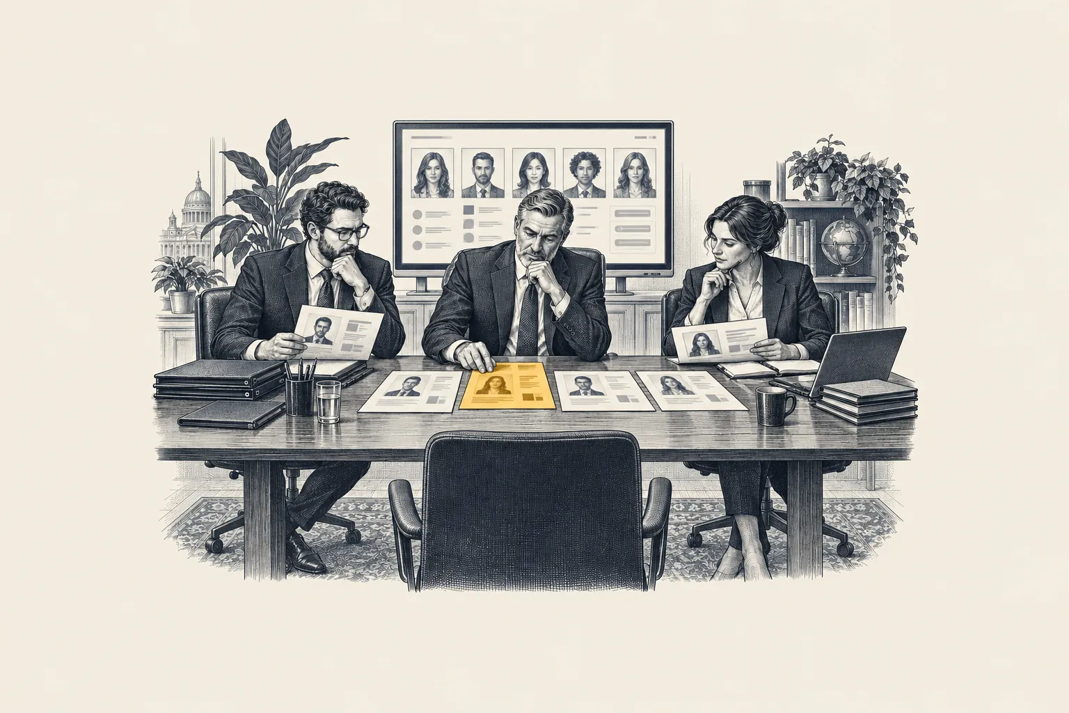 An engraved recruitment office: a CEO and two managers review candidate profiles at a long table while a search screen glows behind them. One printed candidate list is picked out in gold.