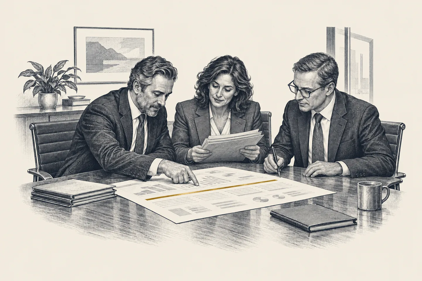An engraved practice-leadership meeting: three leaders review a simple performance sheet on a table. One line marked margin is picked out in gold.