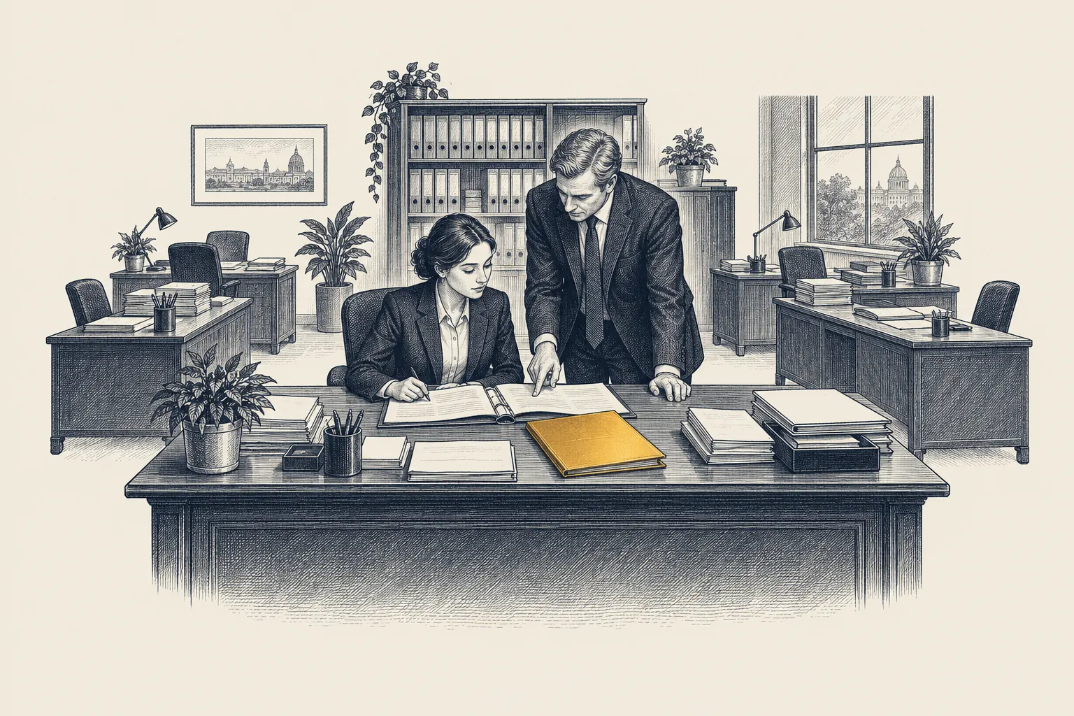 An engraved professional-services office: a junior professional reviews a client file beside a senior partner at a desk. The signed client report between them is picked out in gold.