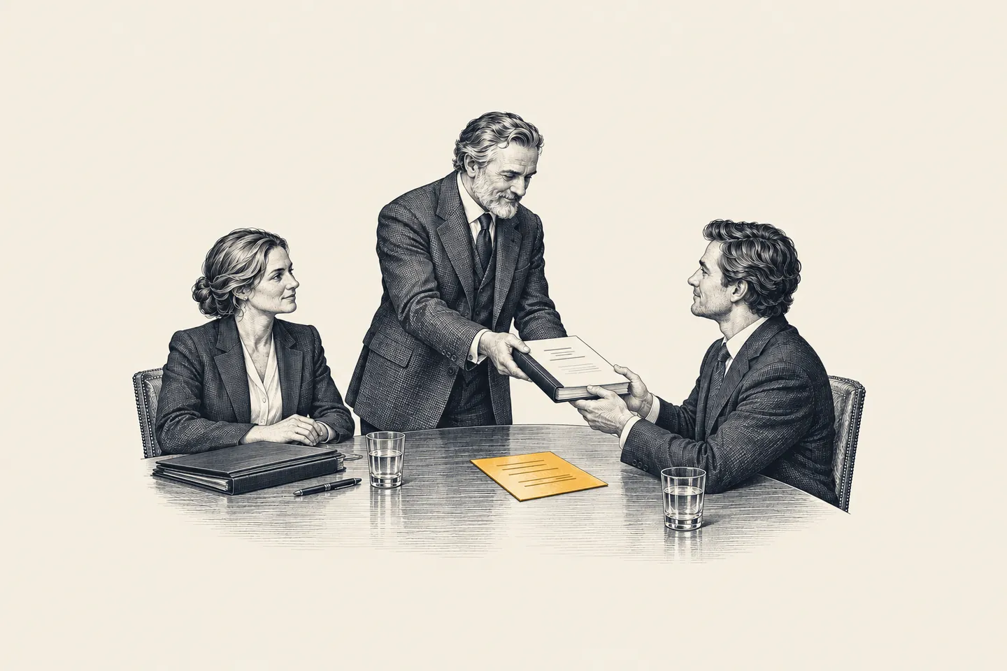 An engraved client meeting: a senior adviser hands a finished report across a table to a client. The invoice beside the report is picked out in gold.
