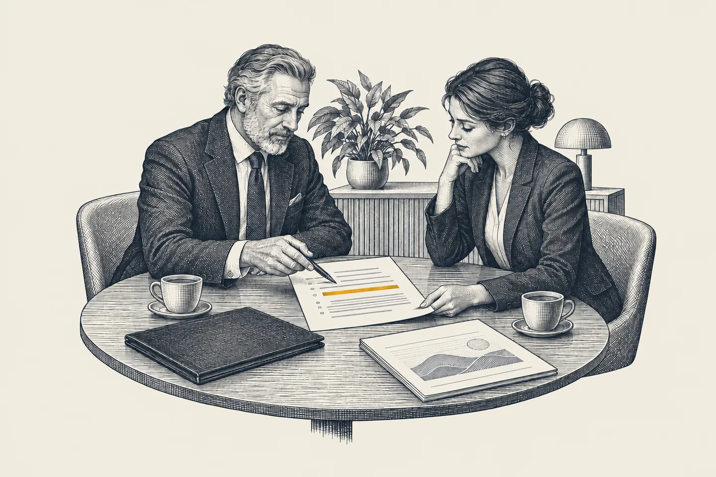 An engraved client pricing meeting: a senior adviser and a client study a written scope at a table. The fixed-fee line on the page is picked out in gold.