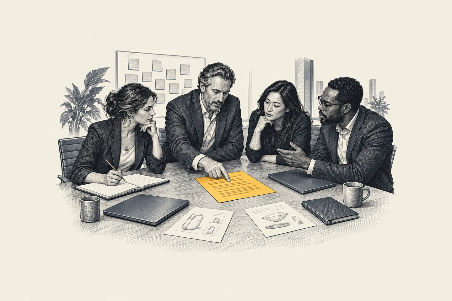 An engraved leadership meeting: the CEO and product leaders review a one-page statement of the company's AI position. The single sheet is picked out in gold.