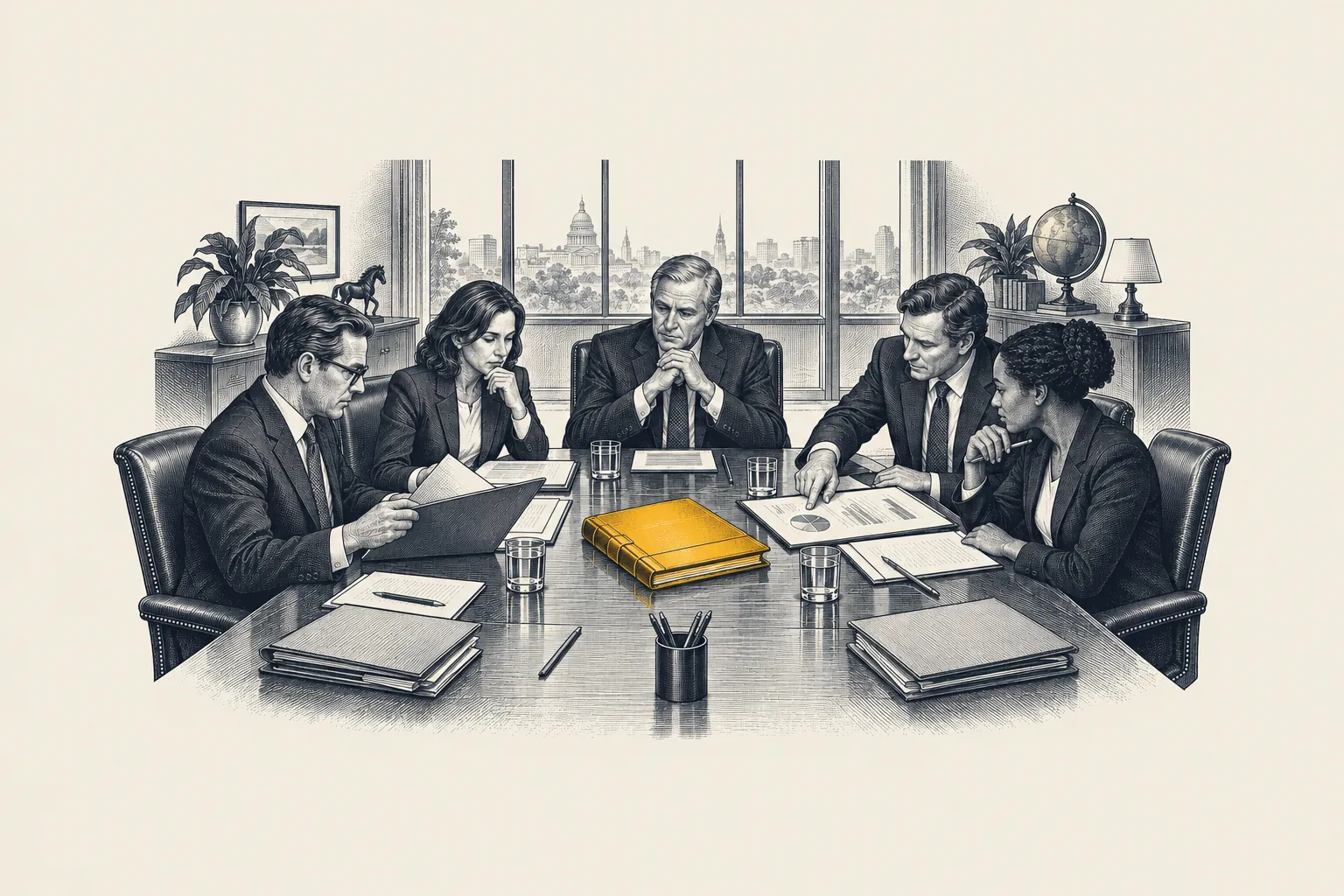 An engraved boardroom at a wealth manager: the CEO and four leaders review a client succession plan. The bound client plan is picked out in gold.