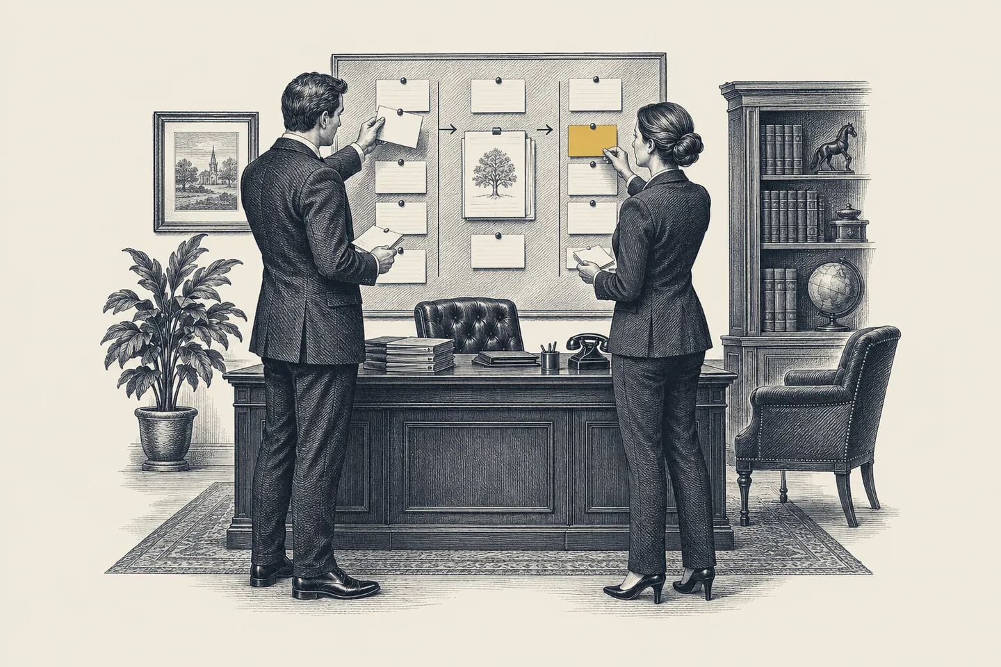 An engraved wealth management office: an adviser and an operations lead rebuild a work flow on a wall. One task card is picked out in gold.
