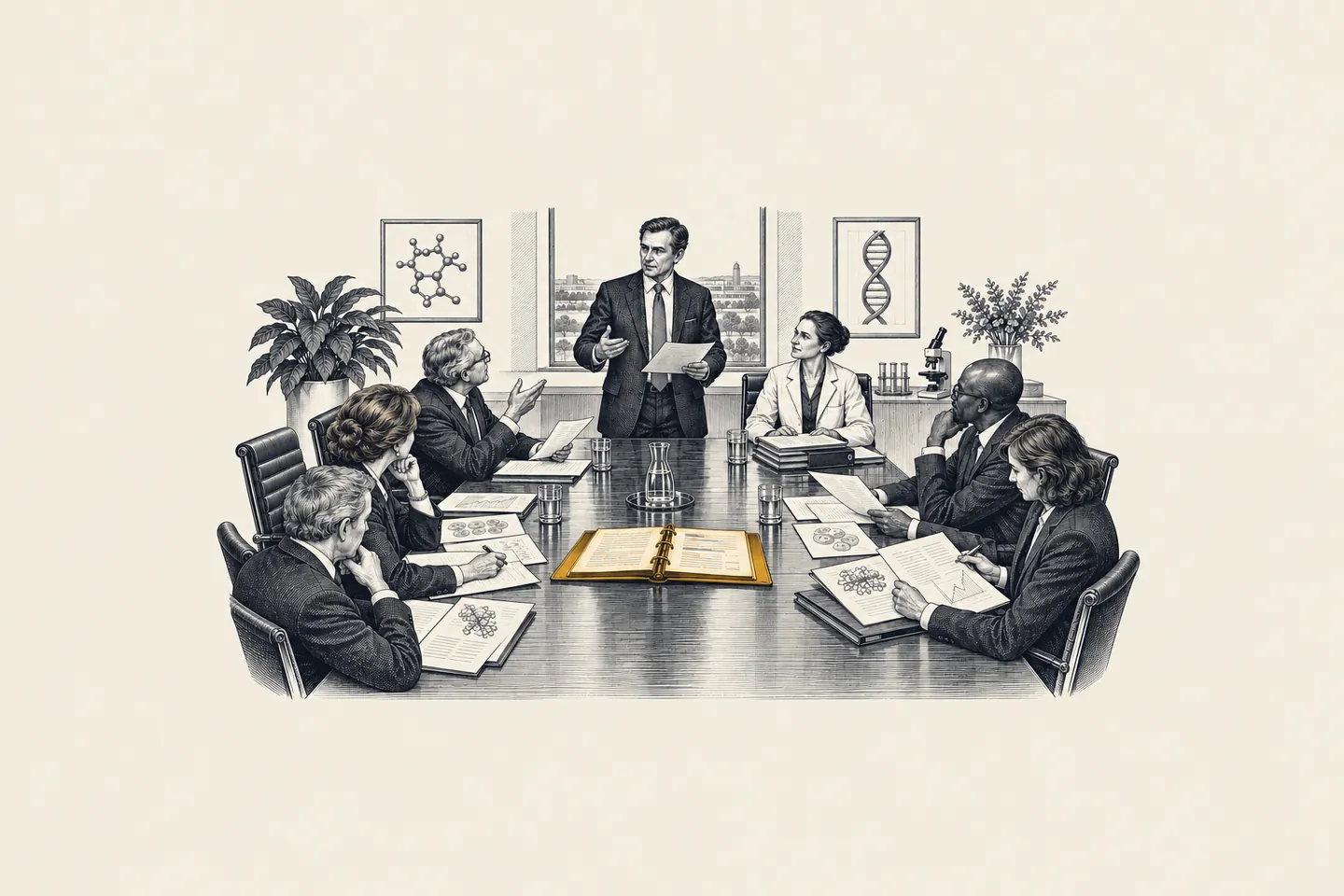An engraved boardroom: a CEO presents a marked board pre-read to five directors around a table. One bound board pack is picked out in gold.