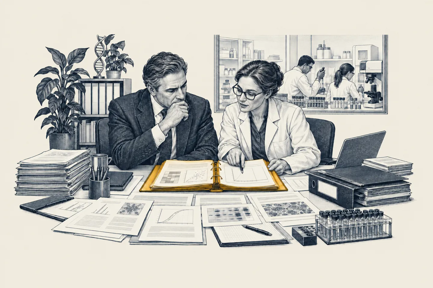 An engraved biotech lab office: a CEO and a senior scientist review research files on a long desk. One open program file is picked out in gold.