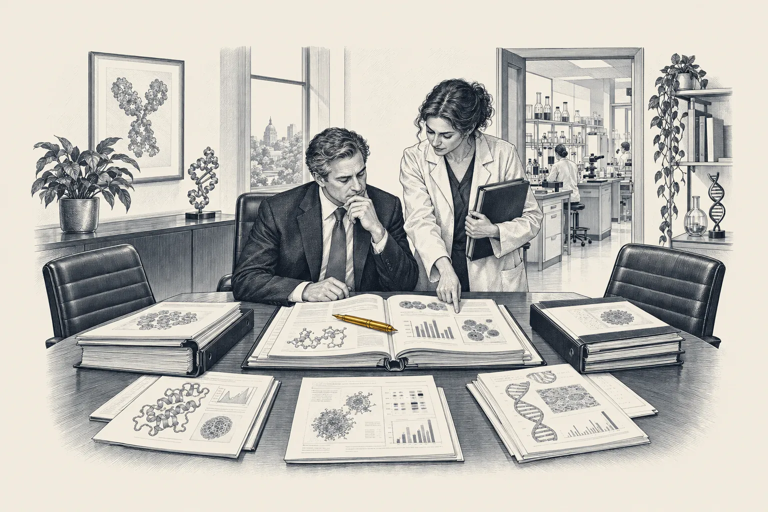 An engraved biotech research office: a CEO studies a board pack beside a scientist holding a program file. The CEO’s fountain pen is picked out in gold.