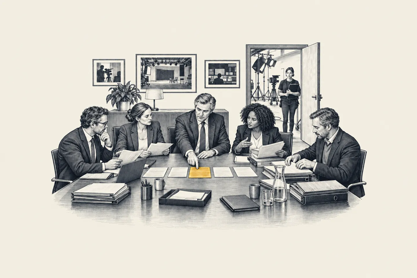 An engraved media leadership meeting: five executives assign actions beside a program schedule while an editor waits at the open studio door. One action sheet in front of the CEO is picked out in gold.