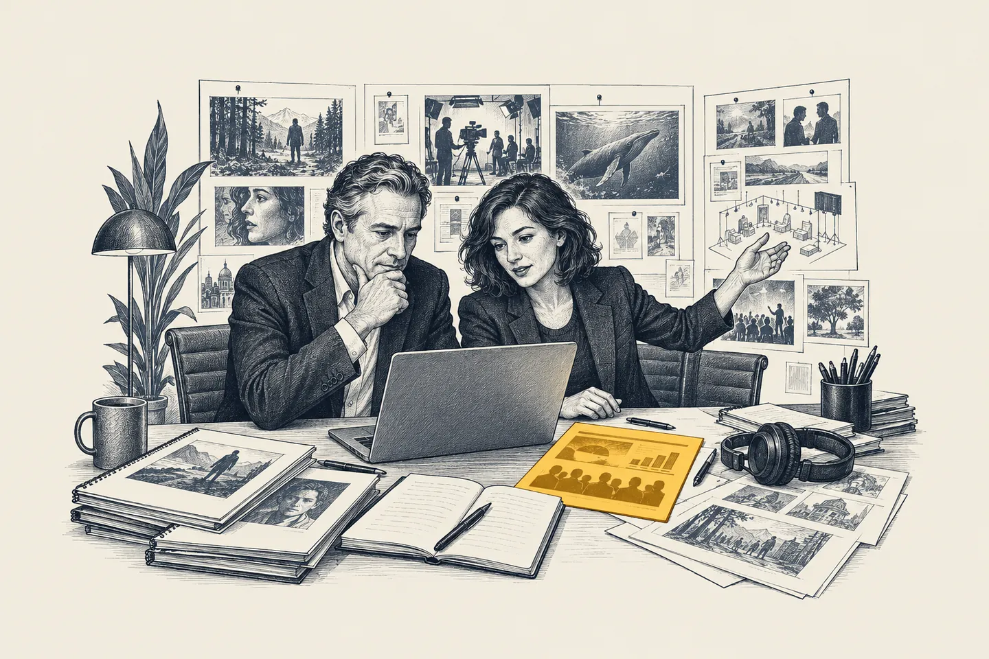 An engraved media office: a chief executive and a commissioning editor work together at a laptop beside a wall of program plans. One printed audience brief on the desk is picked out in gold.