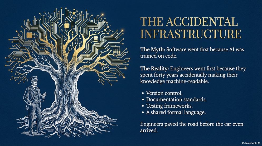 Infographic titled The Accidental Infrastructure: a tree grown from version control, documentation standards, and testing frameworks that made engineering knowledge machine-readable.