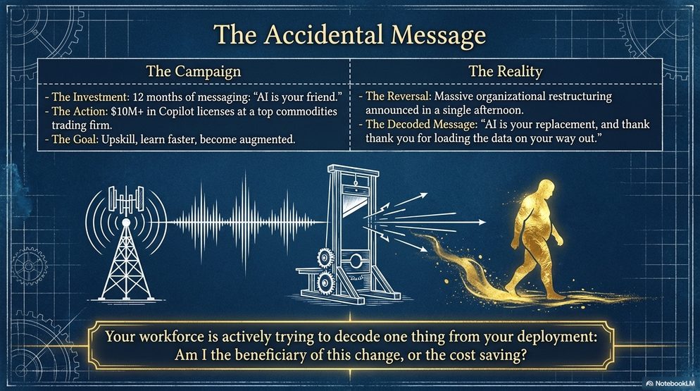 Infographic titled The Accidental Message: a campaign saying AI is your friend decoded by the workforce as AI is your replacement.
