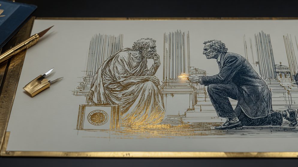 Illustration: Ancient blind Homer in flowing robes seated.