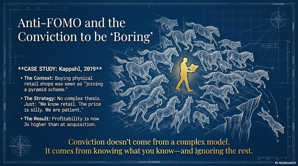 Infographic titled Anti-FOMO and the Conviction to Be Boring: a golden figure walking against a stampede, conviction comes from knowing what you know.