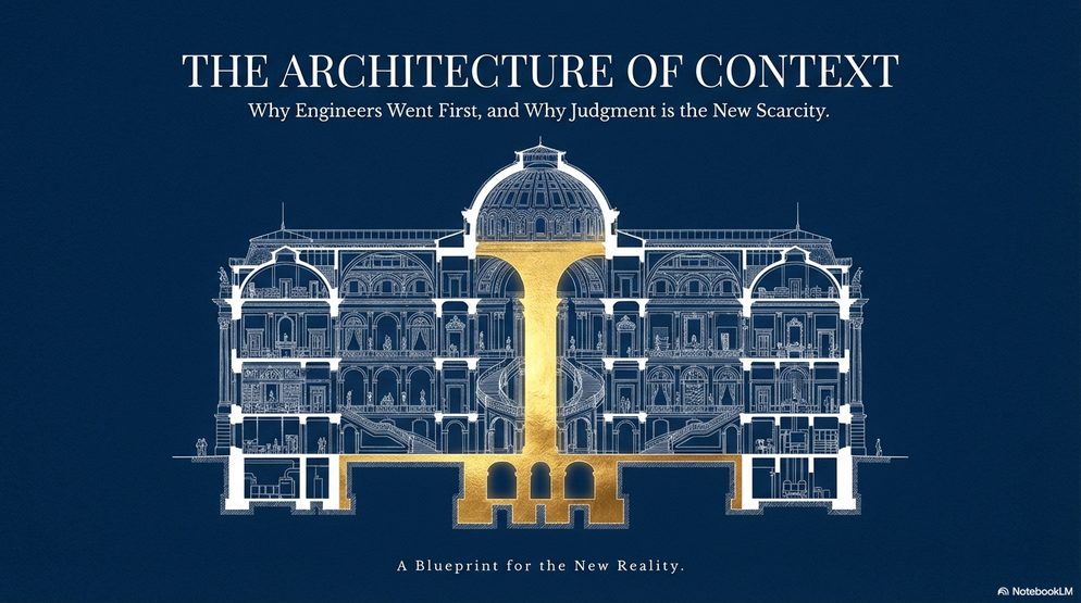 Infographic titled The Architecture of Context: a grand building in cross-section as a blueprint for why engineers went first.