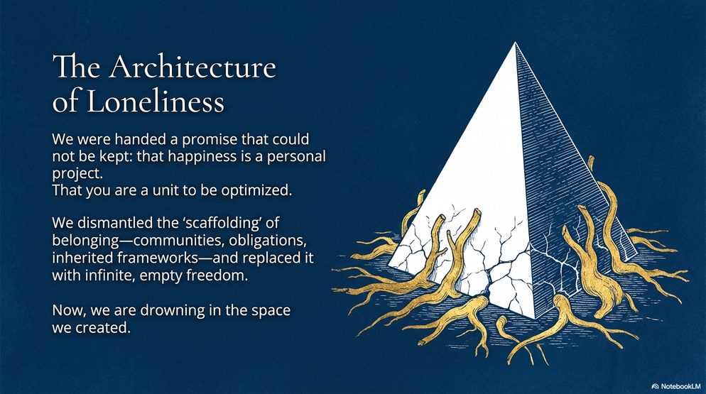 Infographic titled The Architecture of Loneliness: a stark white pyramid above golden roots, on the promise that happiness is a personal project.