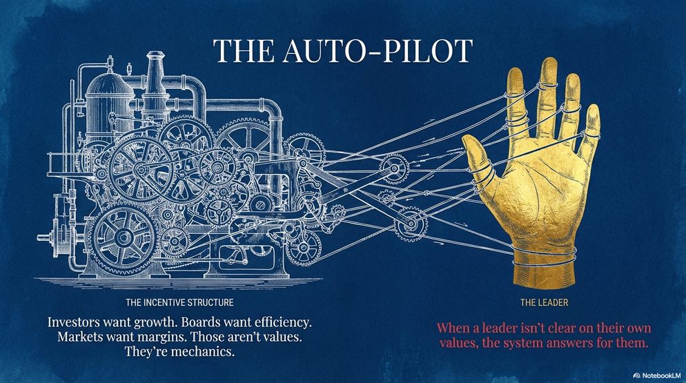 Infographic titled The Auto-Pilot: an engine of incentives beside a golden hand, on what happens when a leader is not clear on their own values.