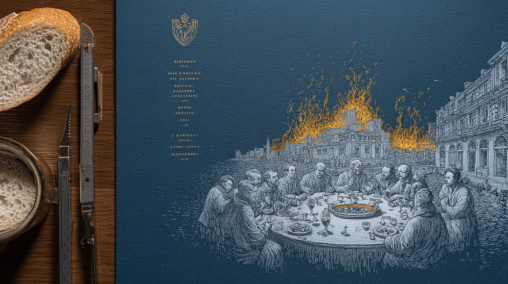Illustration: diners toasting at a long table while the building behind them burns.