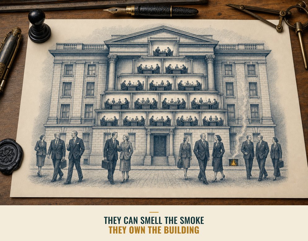 Illustration: A cutaway of a grand multi-storey firm packed with tiers of junior clerks at desks while senior partners stroll outside past a small fire at the base of the building. Captioned: They can smell the smoke. They own the building.