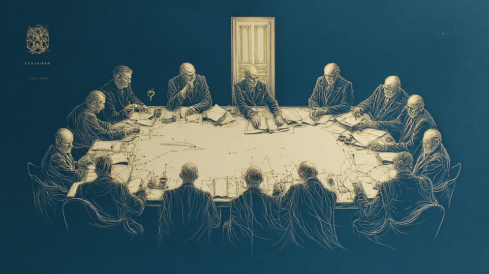 Illustration: A boardroom table surrounded by executives frozen in place.