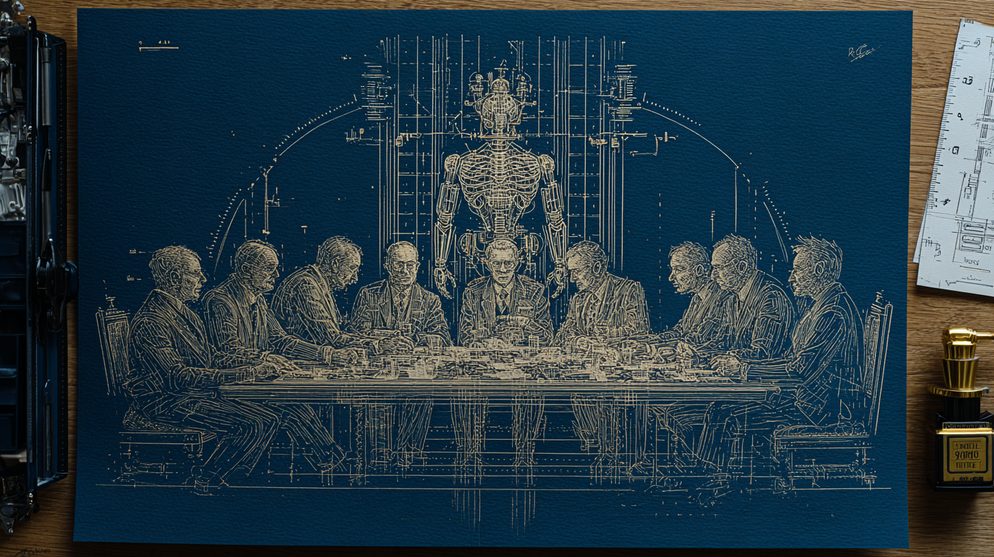 Illustration: A boardroom table with ten seats and nine board members.