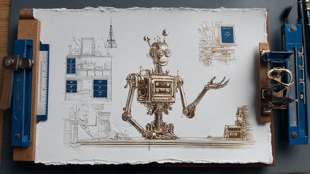 Illustration: A brilliant golden AI dressed as a confused unpaid intern.