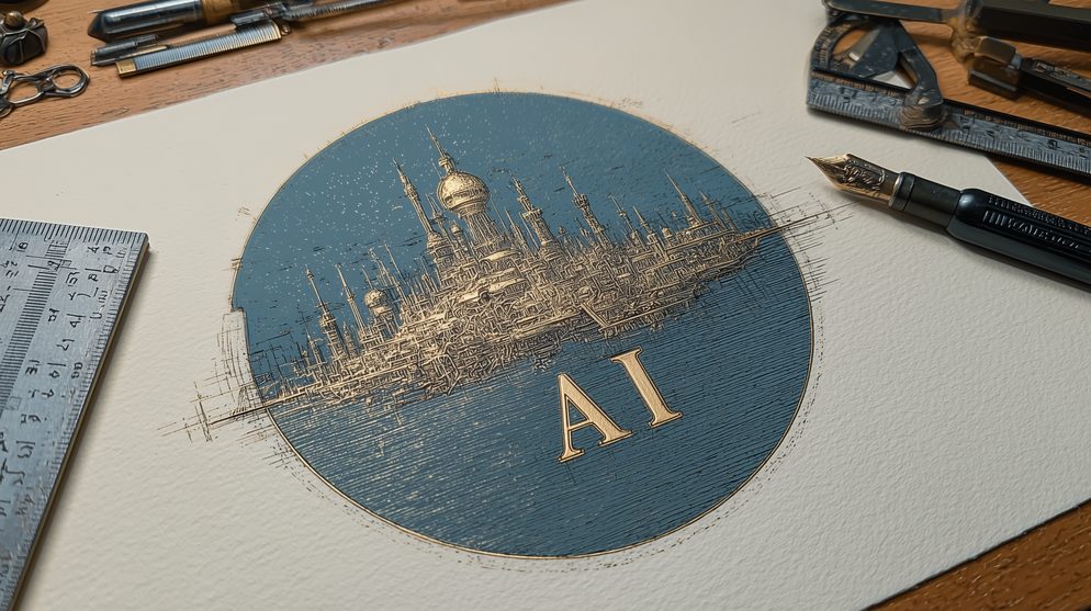 Illustration: A bubble dominating the sky with the letters AI inside.
