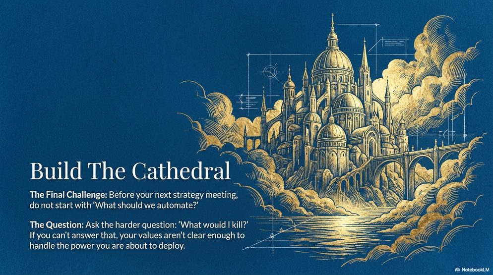 Infographic titled Build the Cathedral: a cathedral rising out of golden clouds, asking what you would kill before your next strategy meeting.