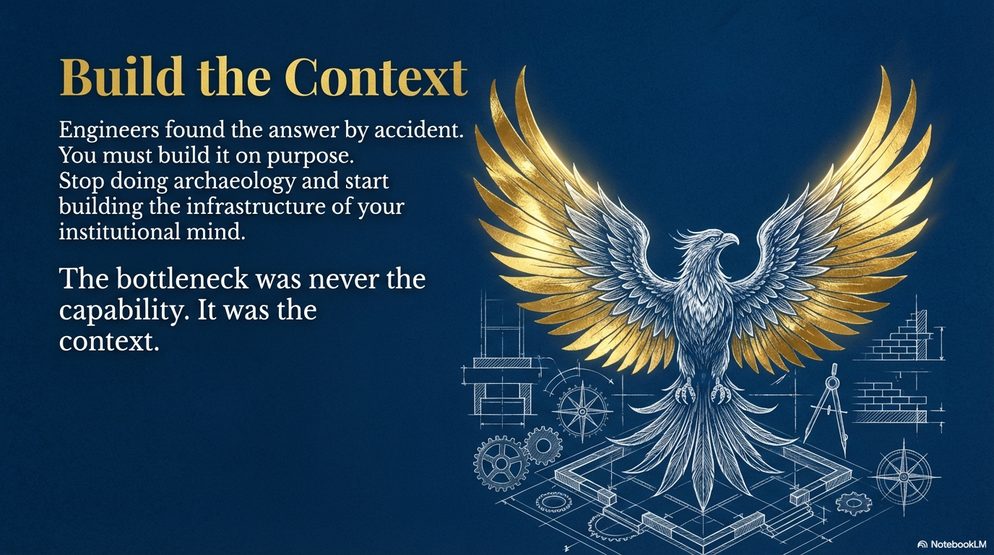 Infographic titled Build the Context: golden wings above the message that the bottleneck was never the capability, it was the context.