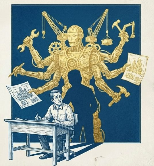 Illustration: a many-armed golden machine working behind a person seated at a desk.